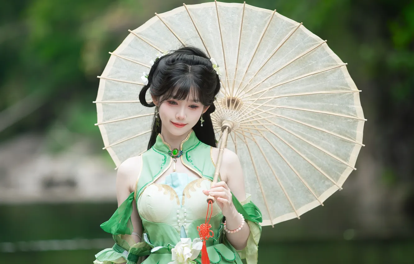 Фото обои Asian, umbrella, model, women, brunette, smiling, women outdoors