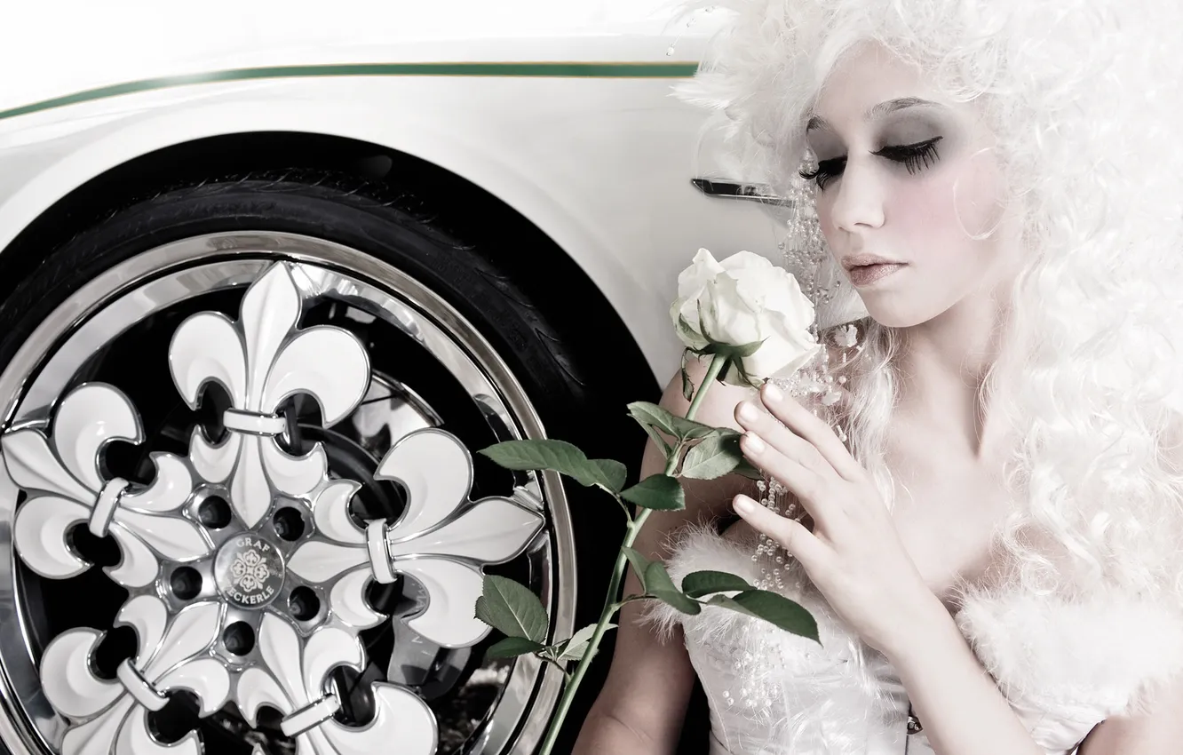 Фото обои машина, девушка, белое, роза