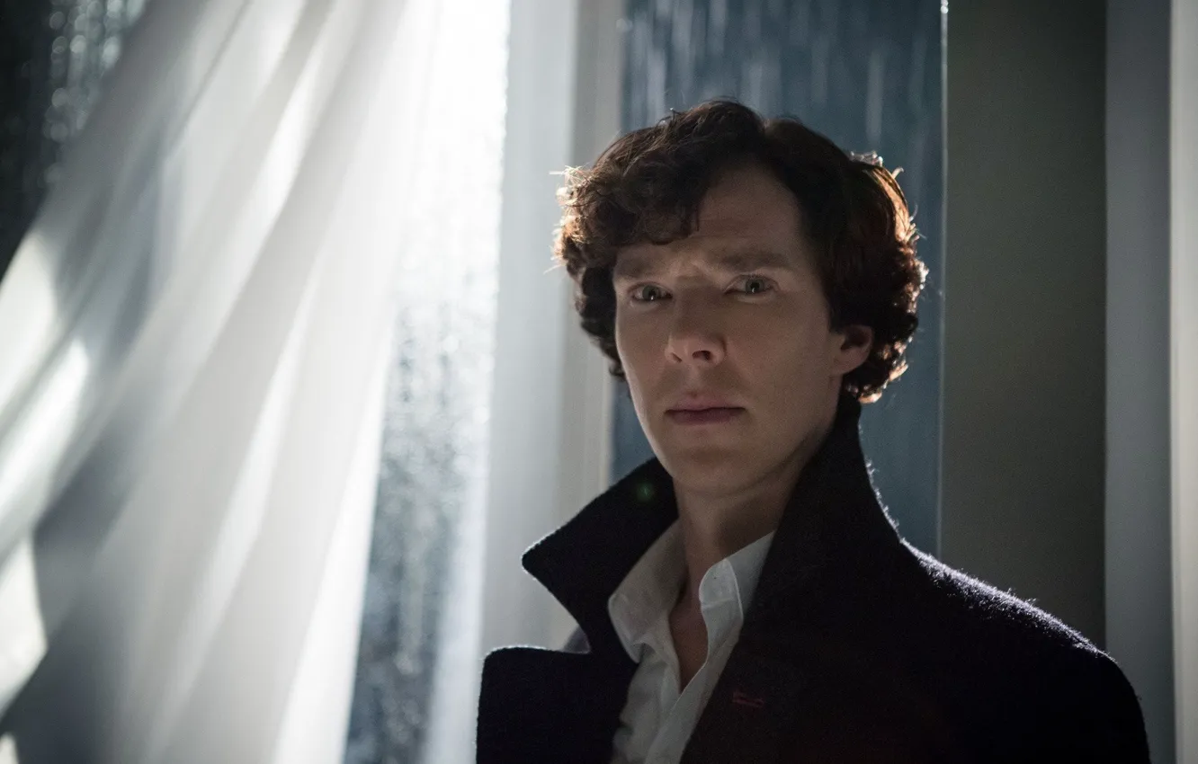 Фото обои свет, Шерлок Холмс, тюль, Бенедикт Камбербэтч, кадр из фильма, Sherlock, Sherlock BBC, Sherlock Holmes