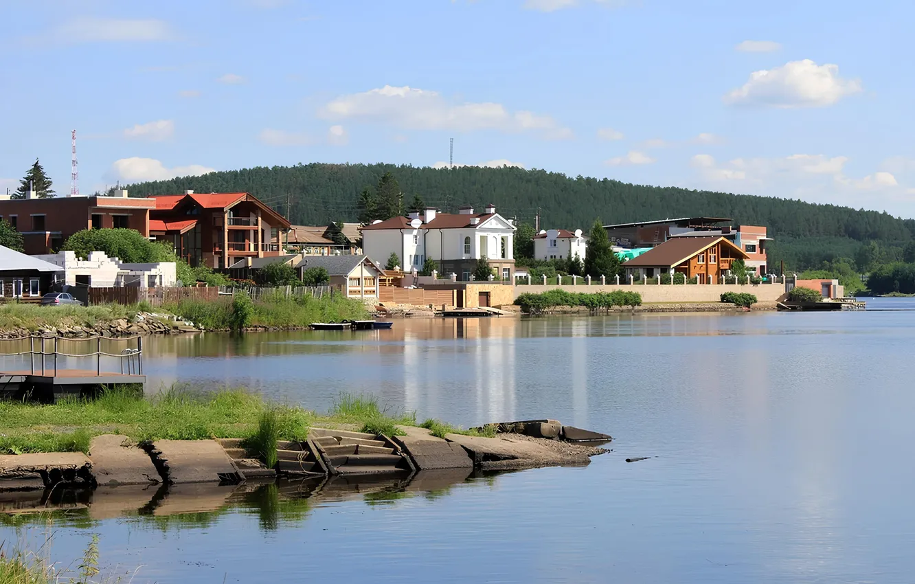 Фото обои озеро, берег, дома, бухта