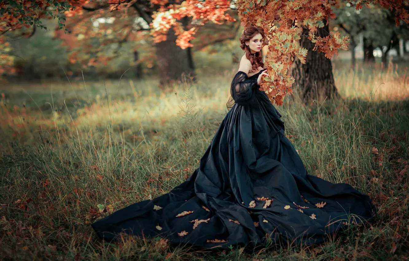 Фото обои шатенка, черное платье, опавшие листья, осенний парк, Ольга Бойко, Александра Гирская