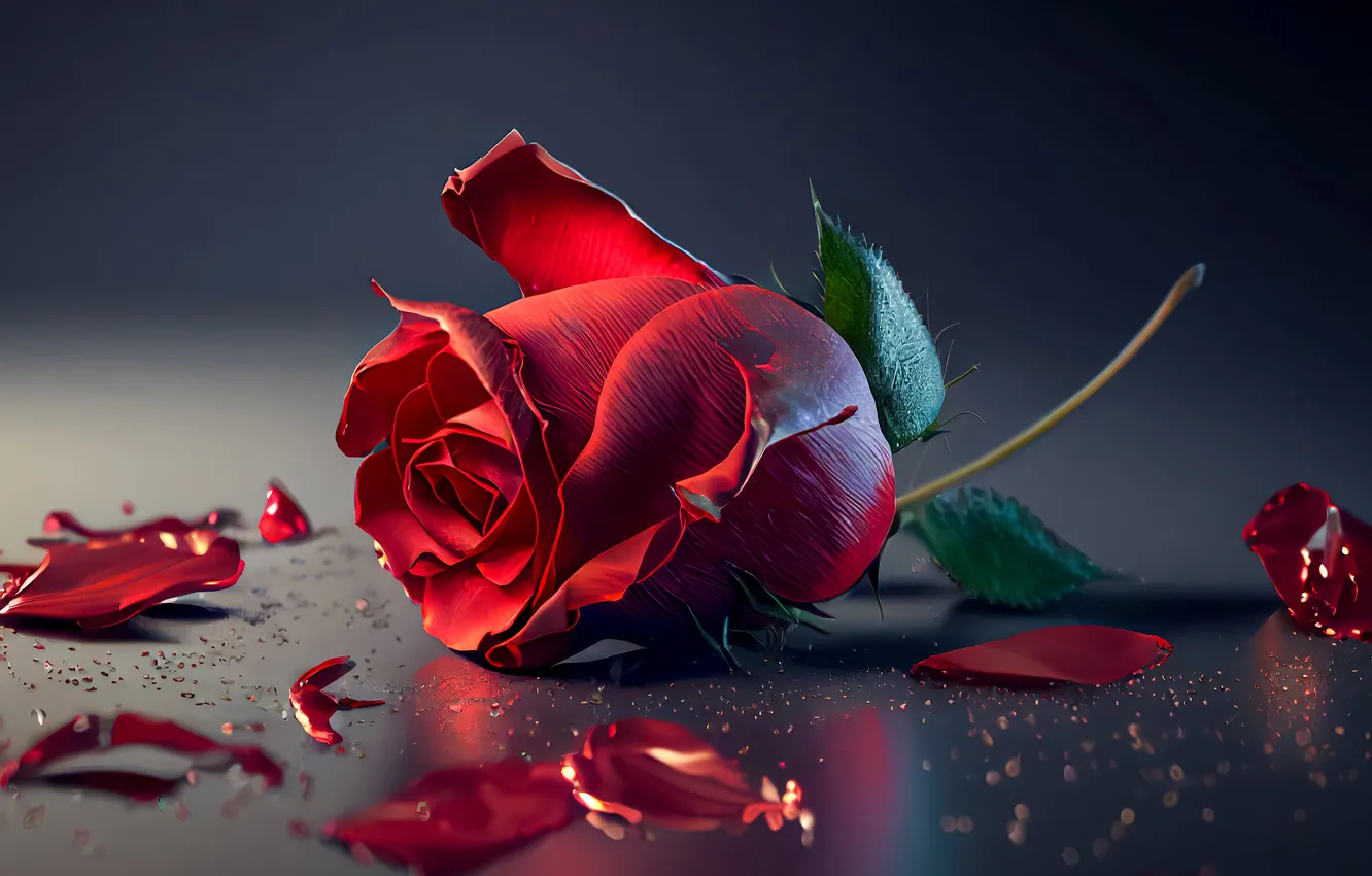 Фото обои цветы, роза, лепестки роз, flowers, Red Rose, Rose Petals, ИИ арт, AI art