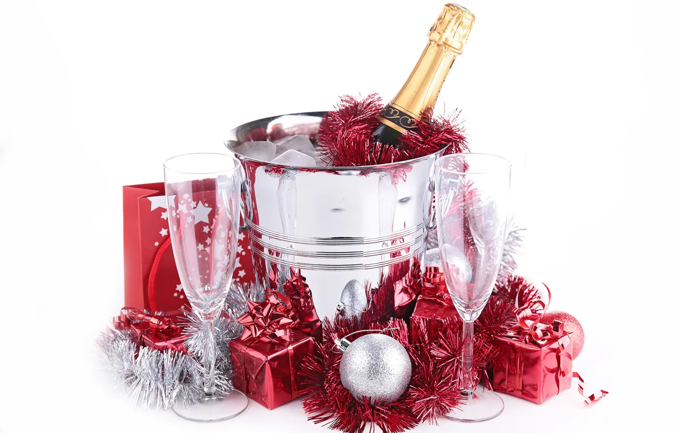 Фото обои шар, бокалы, ведро, подарки, Новый год, шампанское