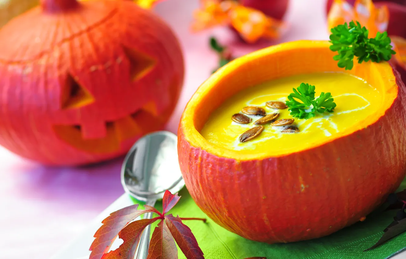 Фото обои праздник, суп, Halloween, тыква, Хэллоуин, семечки, петрушка