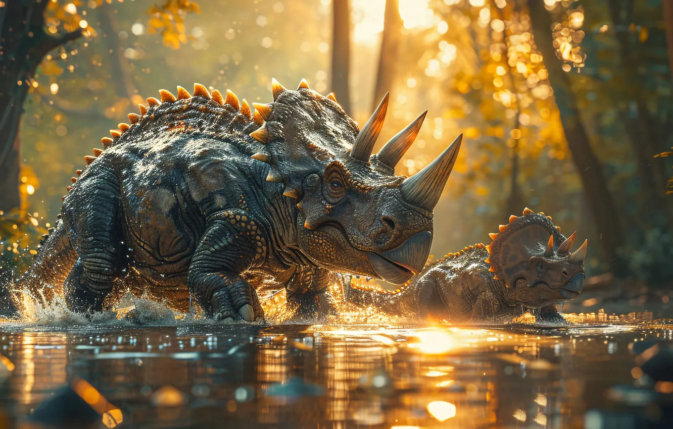 Фото обои Вода, Деревья, Рассвет, Детеныш, Двое, Рога, Животные, Triceratops