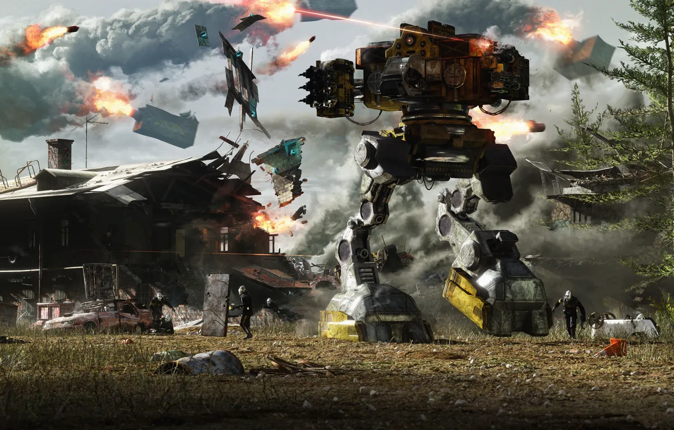 Фото обои оружие, робот, разрушения, лазер, Unconventional Warfare