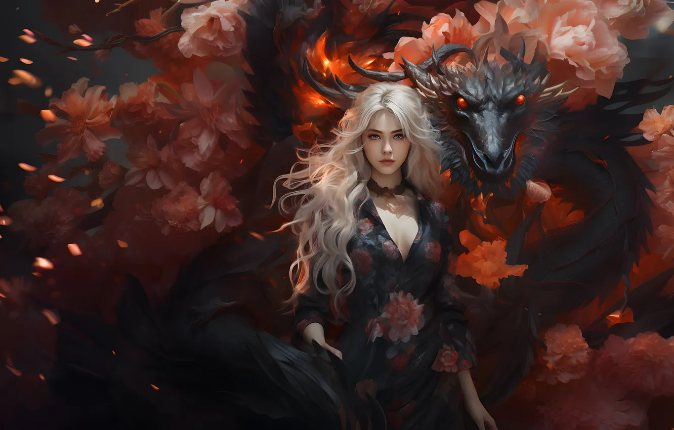 Фото обои Asian, long hair, dress, flowers, women, dragon, digital art, petals