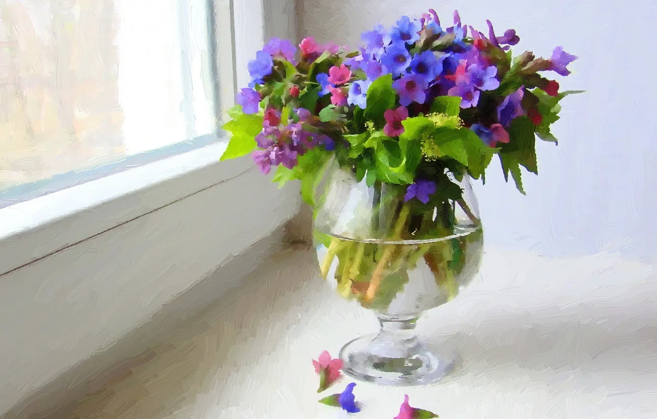 Фото обои цветы, картина, лепестки, ваза, разноцветие