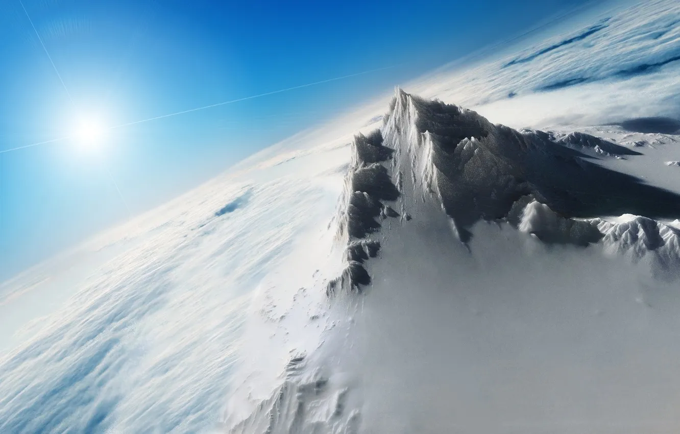 Фото обои солнце, облака, снег, пейзажи, небеса, высота, гора, вершина