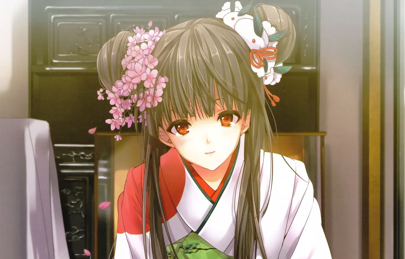 Фото обои прическа, девочка, кимоно, цветы в волосах, красные глаза, челка