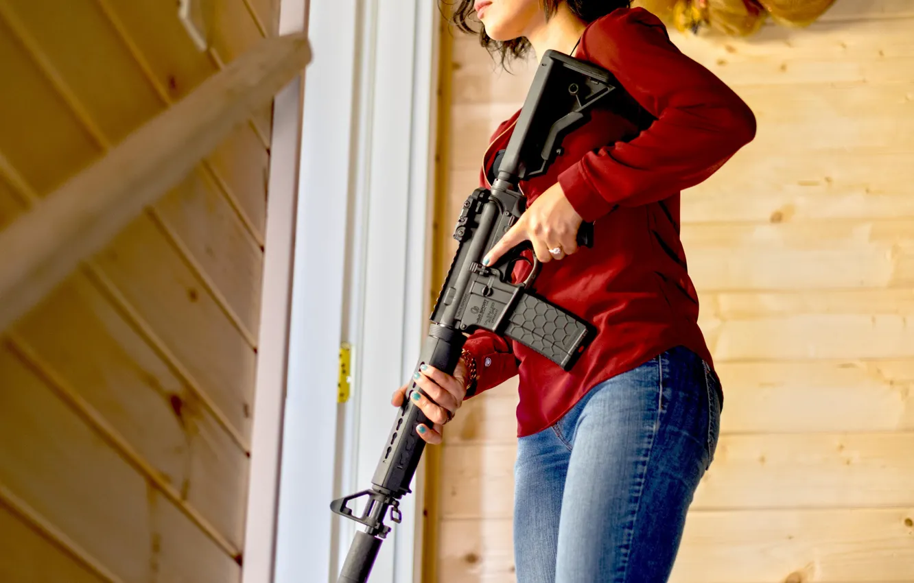 Фото обои девушка, оружие, настроение, штурмовая винтовка