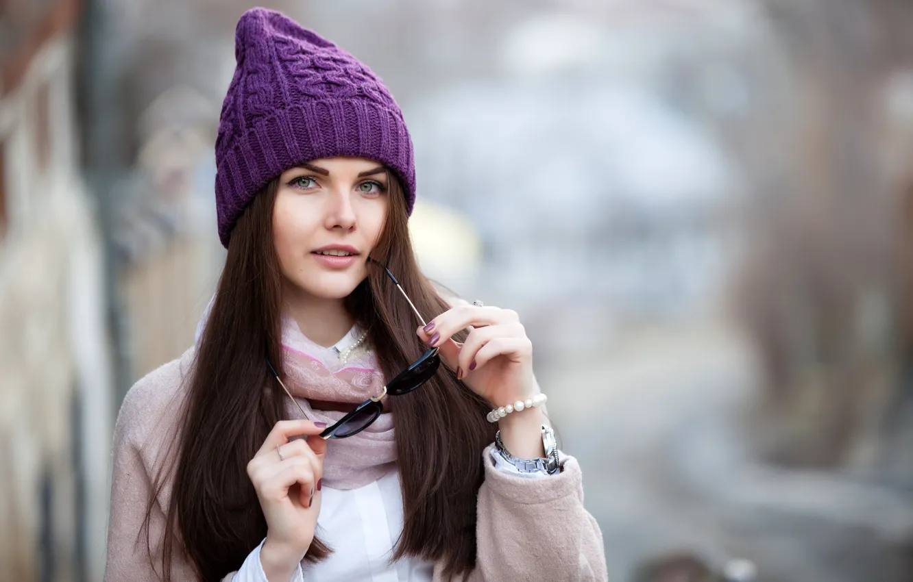 Фото обои Girl, Winter, Eyes, Glasses, Sight