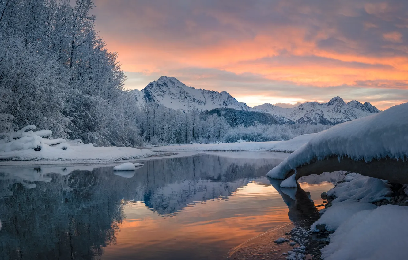 Фото обои зима, снег, деревья, горы, отражение, река