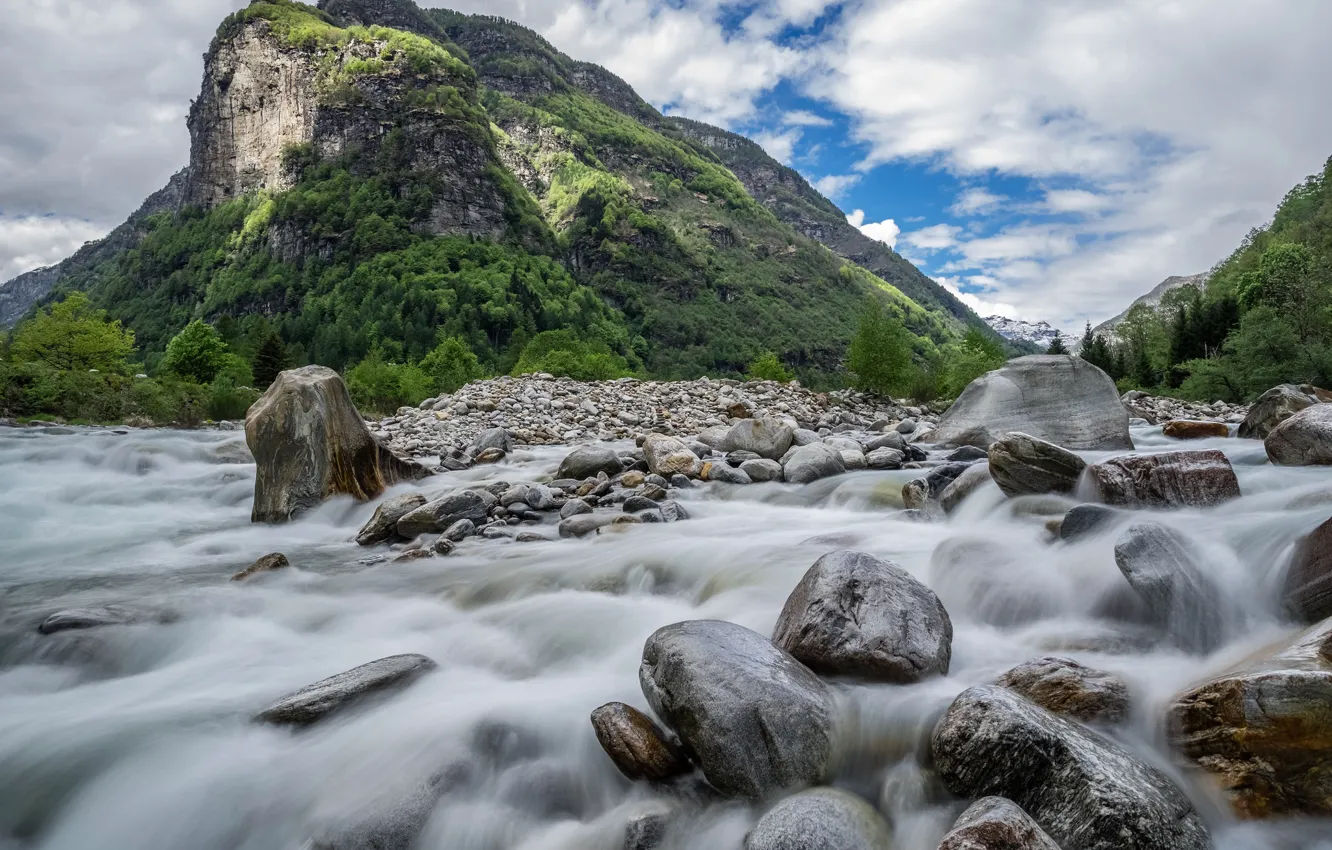 Фото обои горы, река, камни, поток, Швейцария
