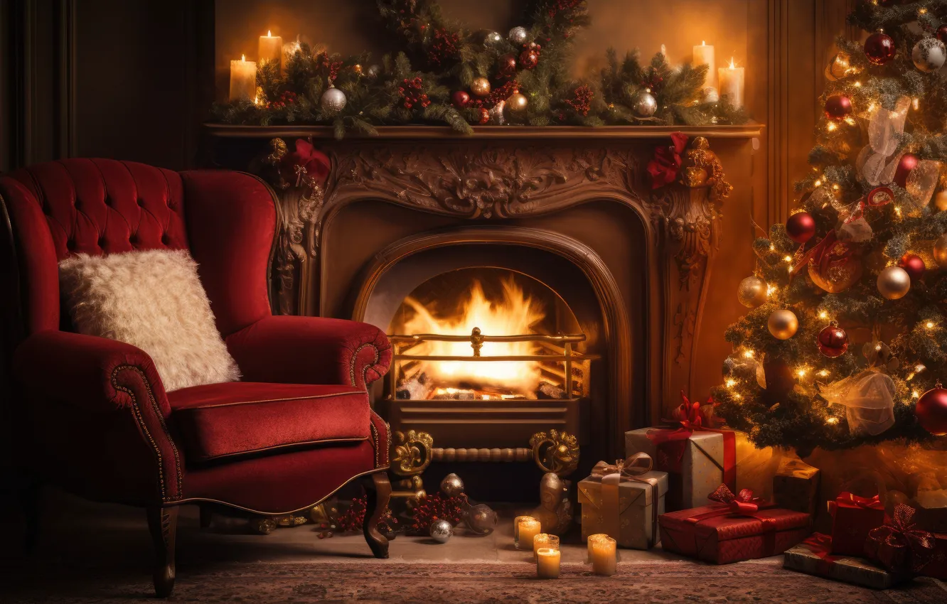 Фото обои украшения, комната, шары, елка, интерьер, кресло, Новый Год, Рождество