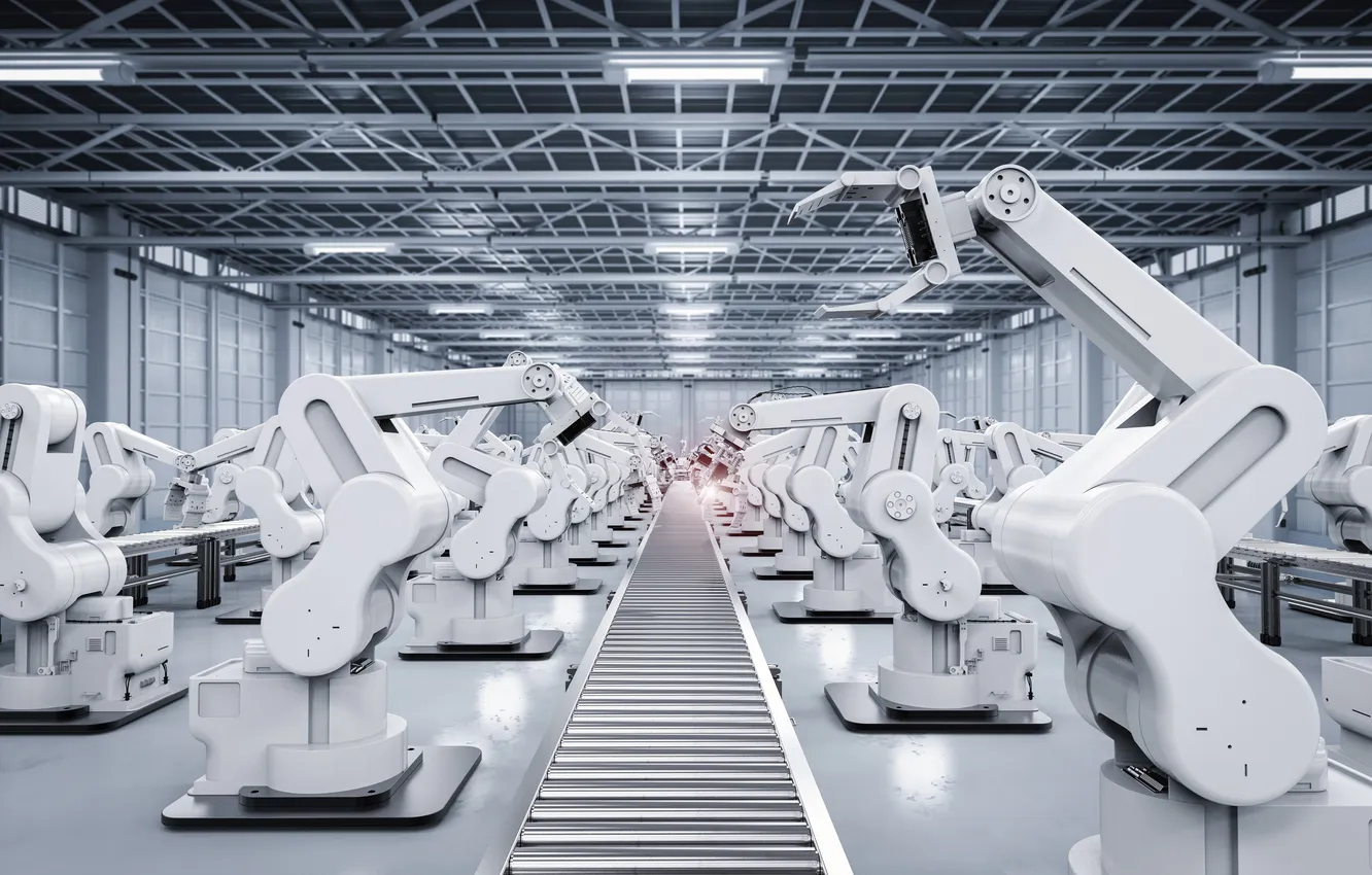 Фото обои factory, industrial, technology, industry, robotic arms, robot hand, conveyor belt