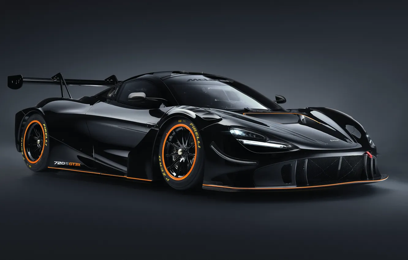 Фото обои McLaren, скорость, мощь, суперкар, 720S, обтекаемые формы, черный кузов, GT3X