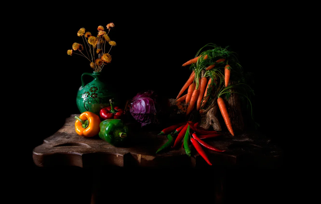 Фото обои перец, морковь, болгарский, капуста краснокочанная, острый чили перчик