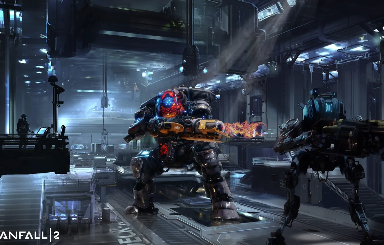 Фото обои fire, flame, gun, robot, weapon, machine, man, suit