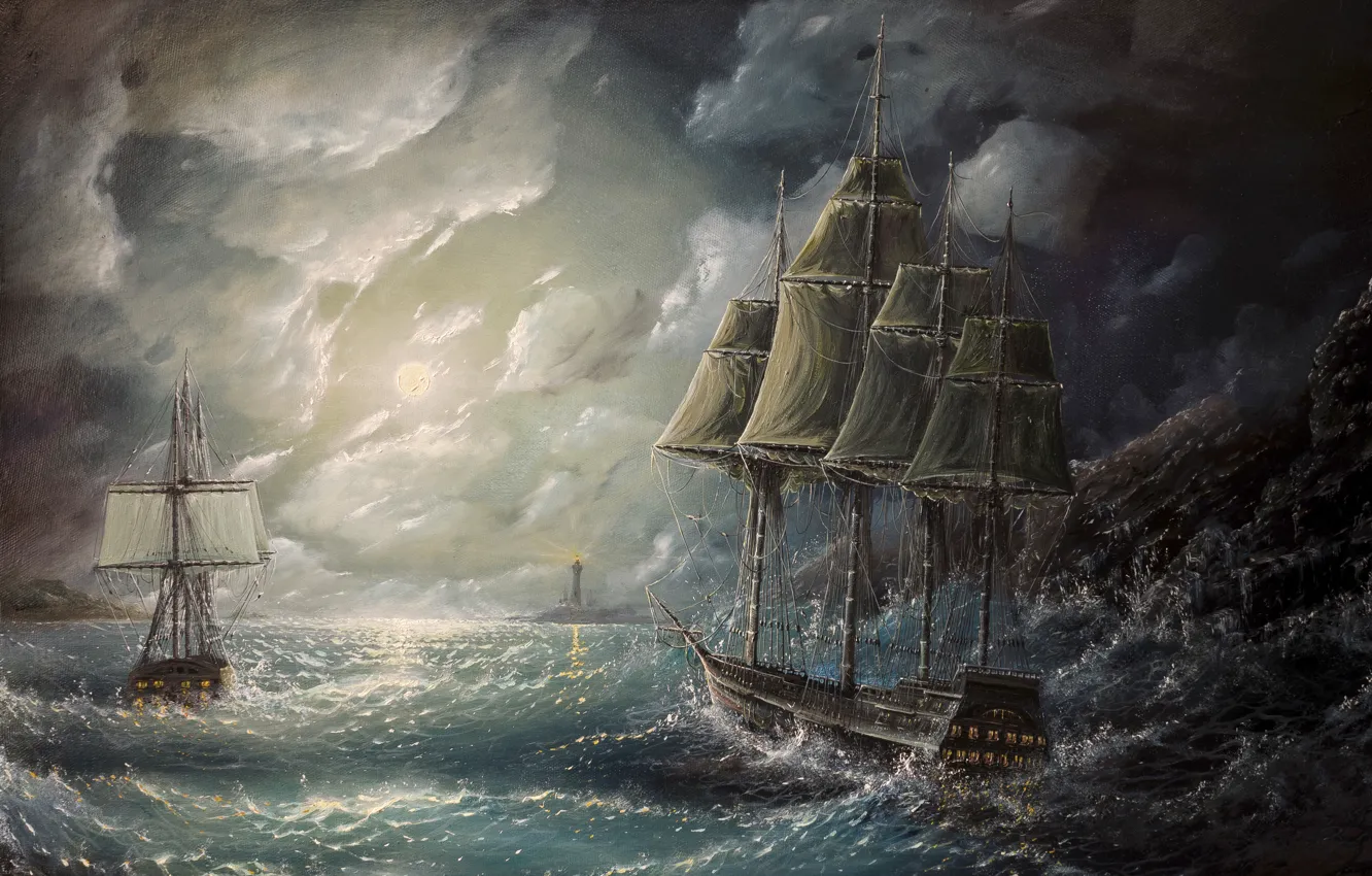 Фото обои волны, небо, тучи, шторм, океан, маяк, корабли, паруса
