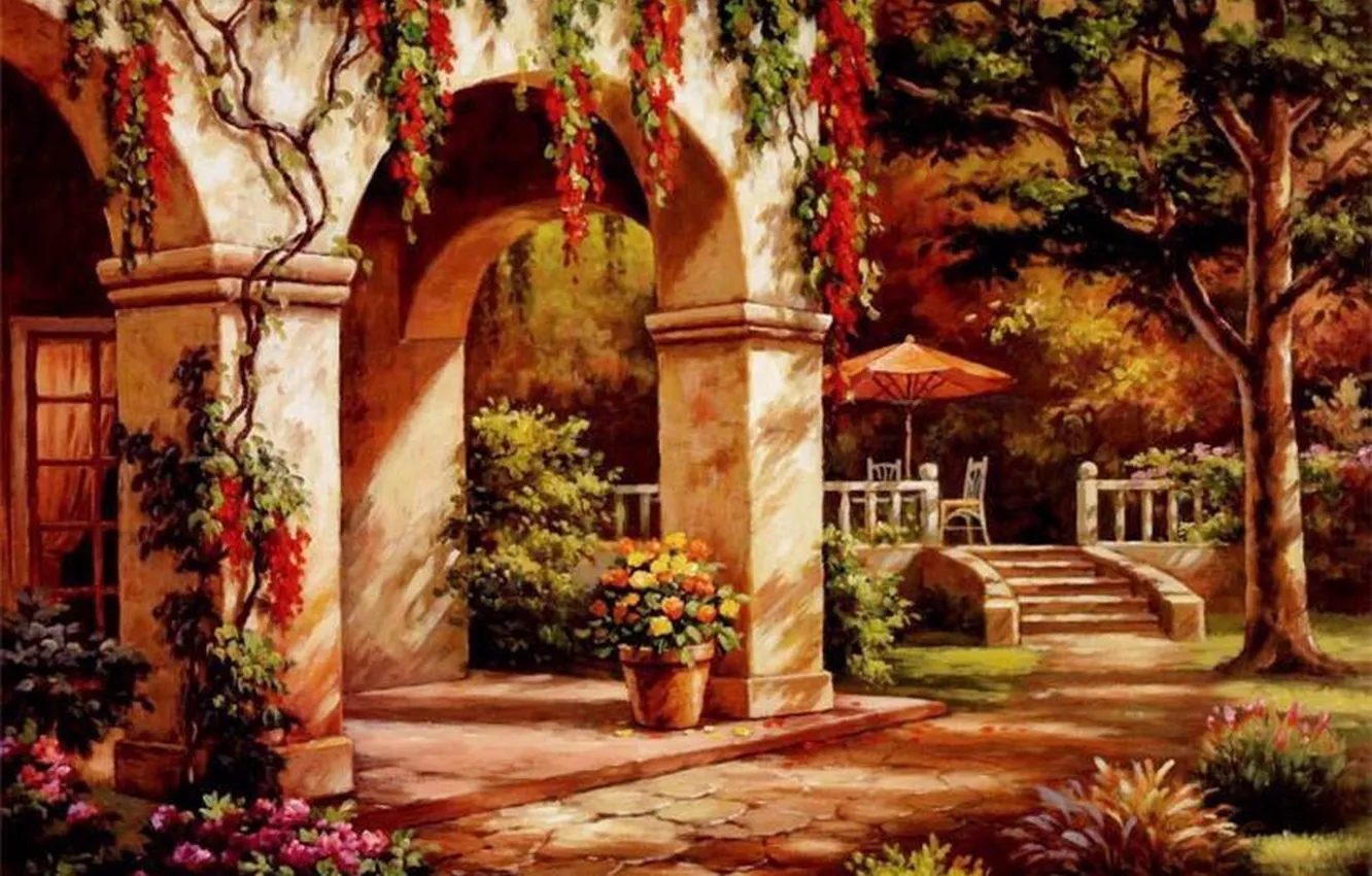 Фото обои осень, дом, картина, арка, живопись, фасад, painting, Sung Kim