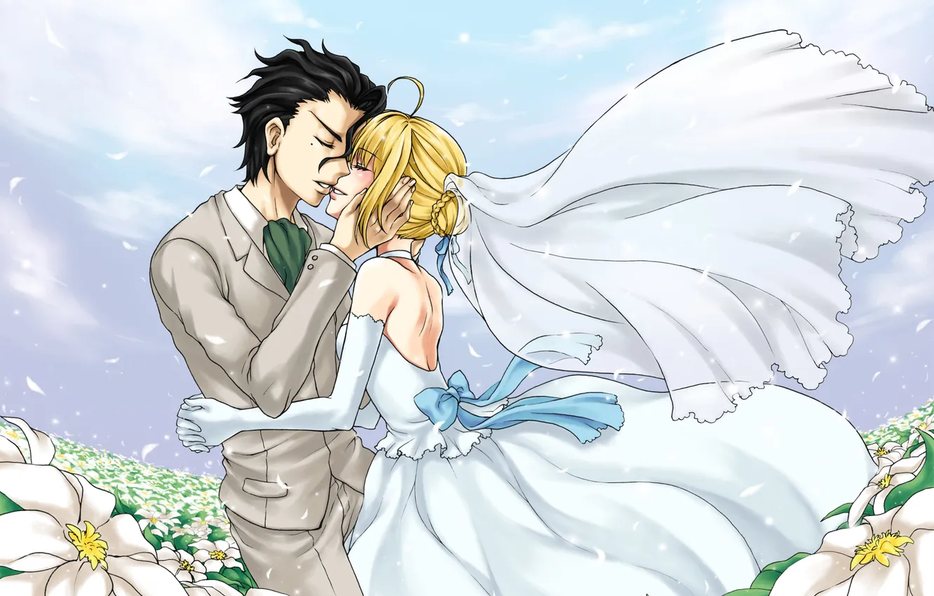 Фото обои аниме, арт, пара, Lancer, свадьба, Saber, Fate/zero