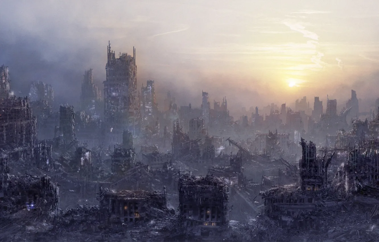 Фото обои закат, город, туман, арт, руины, постапокалипсис, заброшенность, i netgrafx
