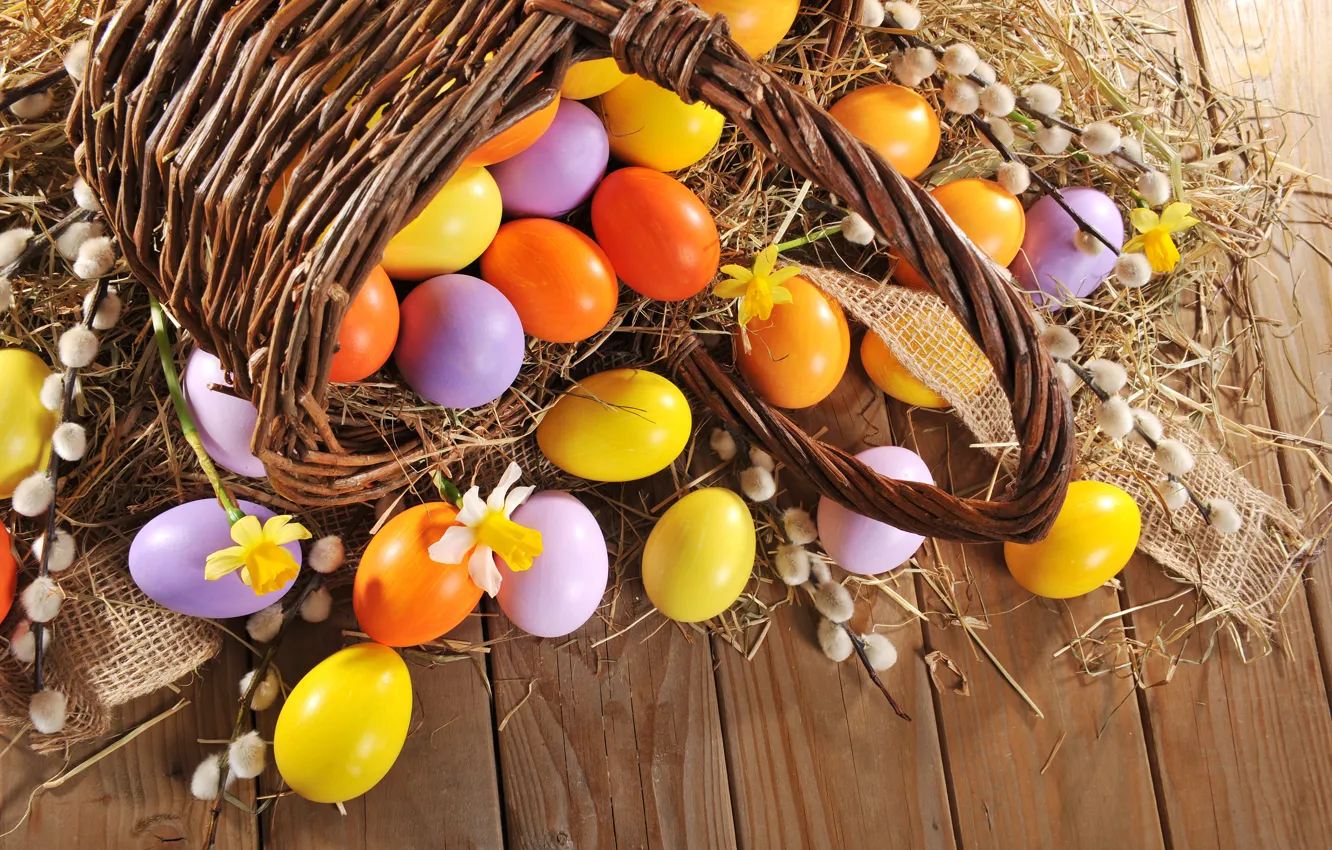 Фото обои яйца, весна, Пасха, happy, wood, верба, spring, Easter