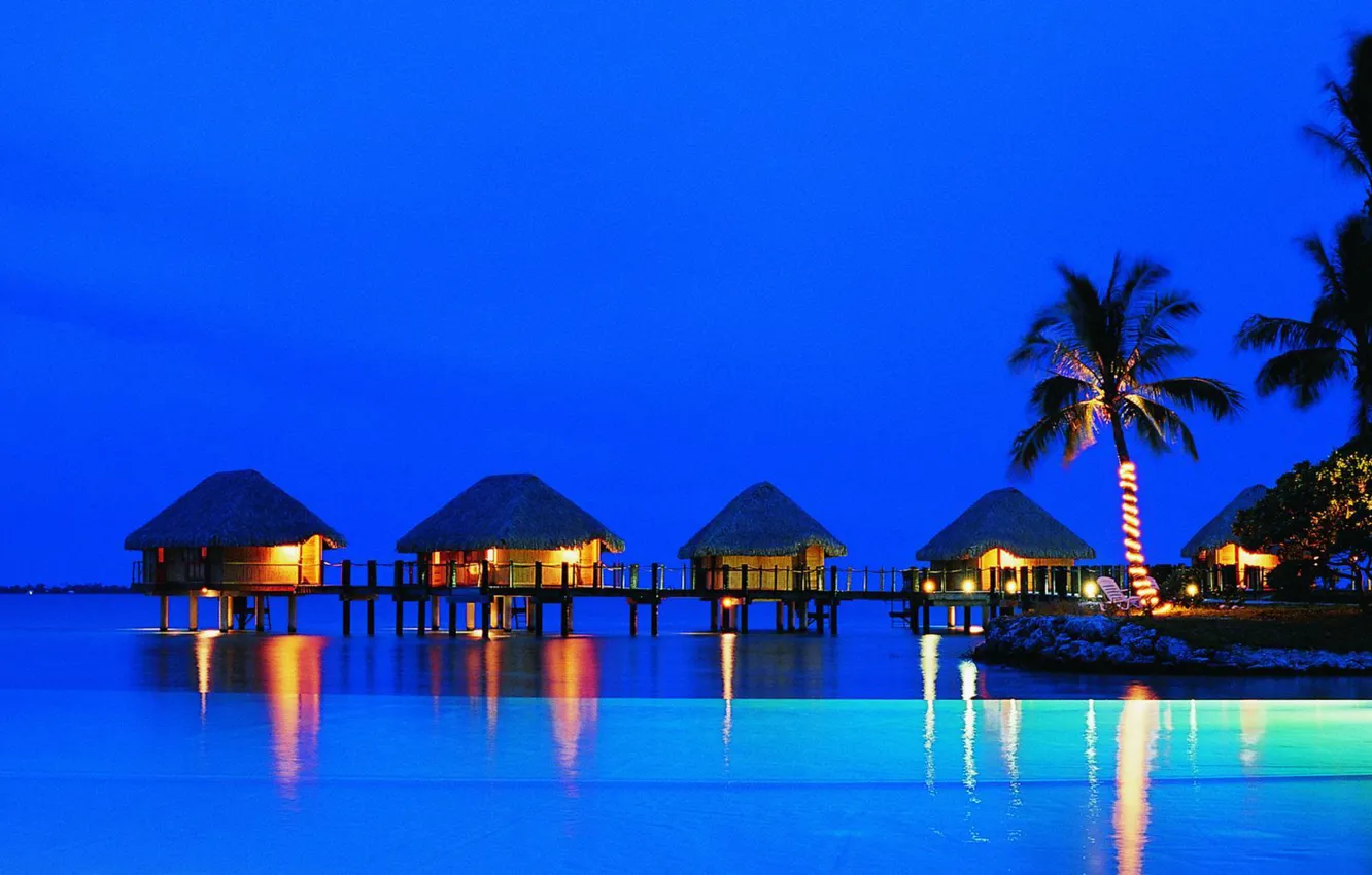 Фото обои fantastic, resort, bungalow, at night