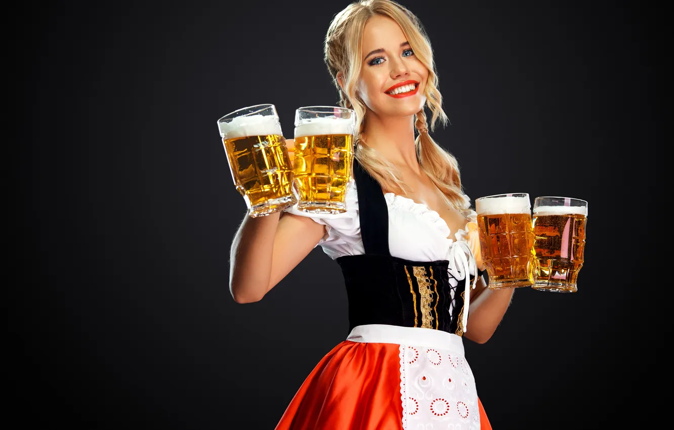 Фото обои girl, beer, blonde, beer mug
