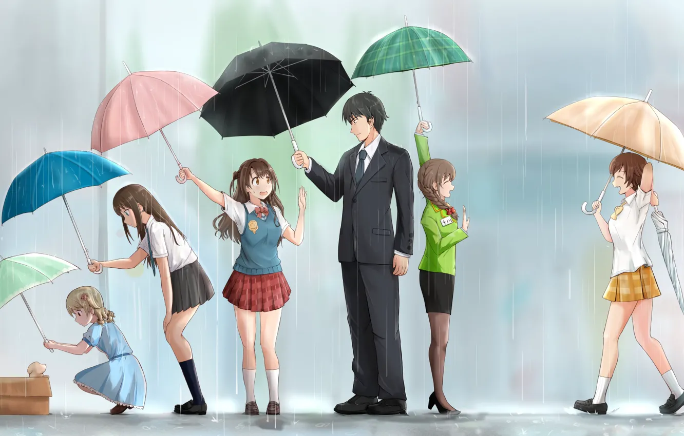 Фото обои девушки, дождь, зонтики, щенок, Producer, Uzuki Shimamura, Rin Shibuya, Idolmaster: Cinderella Girls