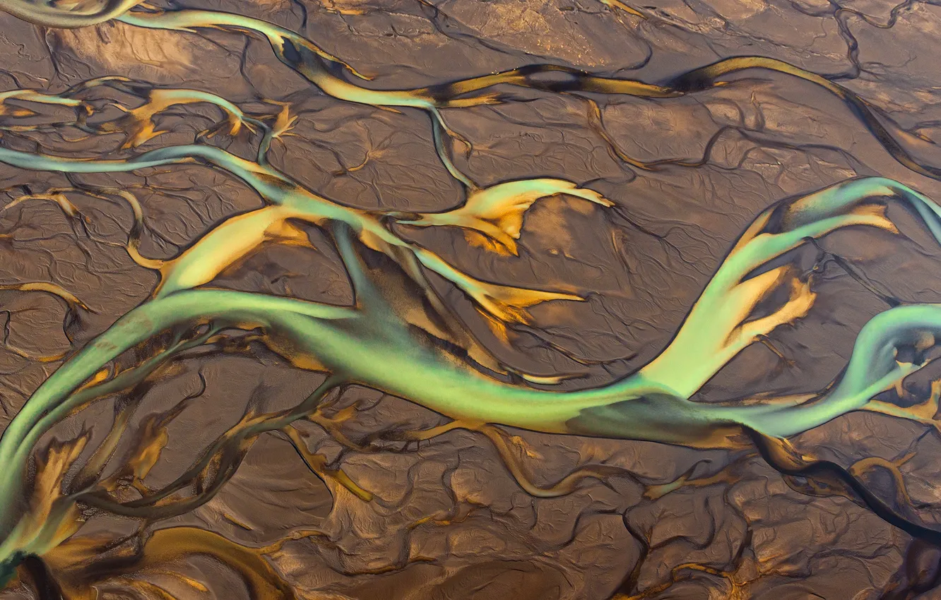 Фото обои песок, грязь, Исландия, реки, вид сверху, мул, аэрофотосъёмка
