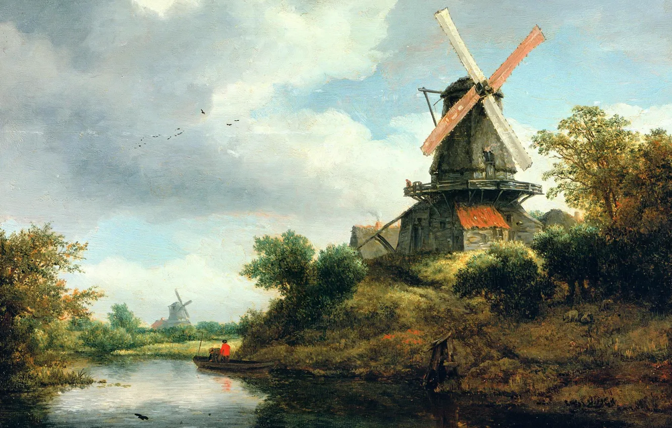 Фото обои картина, Якоб ван Рёйсдал, Пейзаж с Ветряной Мельницей на Берегу Реки, Jacob van Ruisdael
