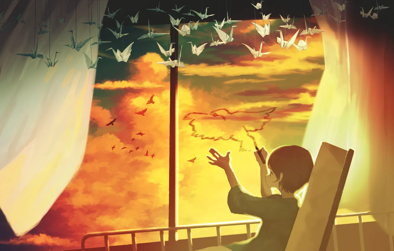 Фото обои небо, птицы, мальчик, больница, оригами