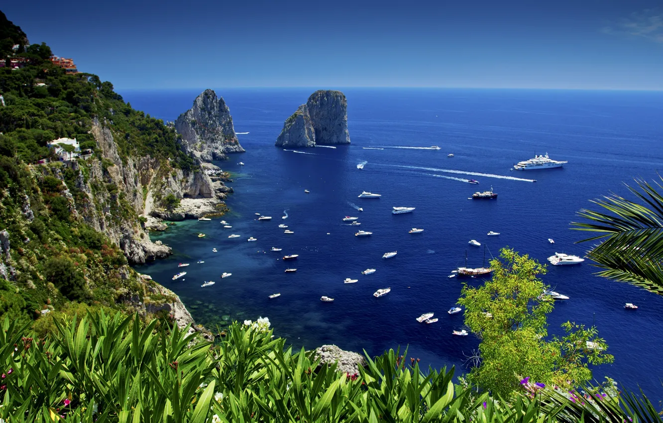 Фото обои море, скалы, яхты, залив, Capri