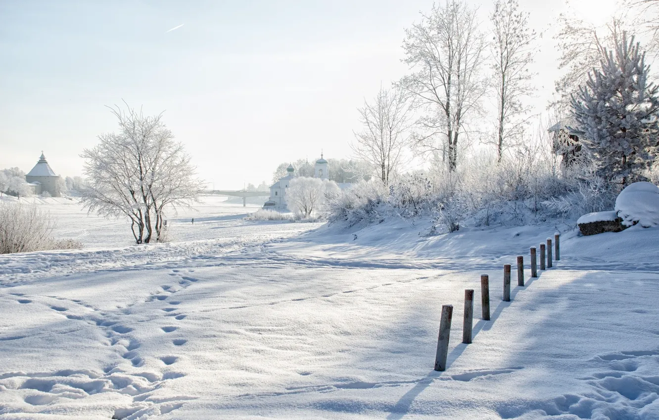 Фото обои зима, снег, пейзаж, следы, природа, красота, церковь