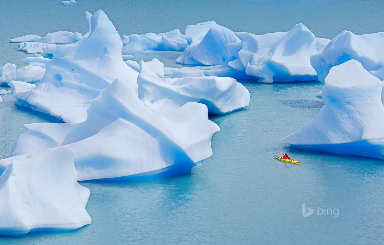 Фото обои лед, айсберг, Чили, байдарка, Серое Озеро, Torres del Paine National Park