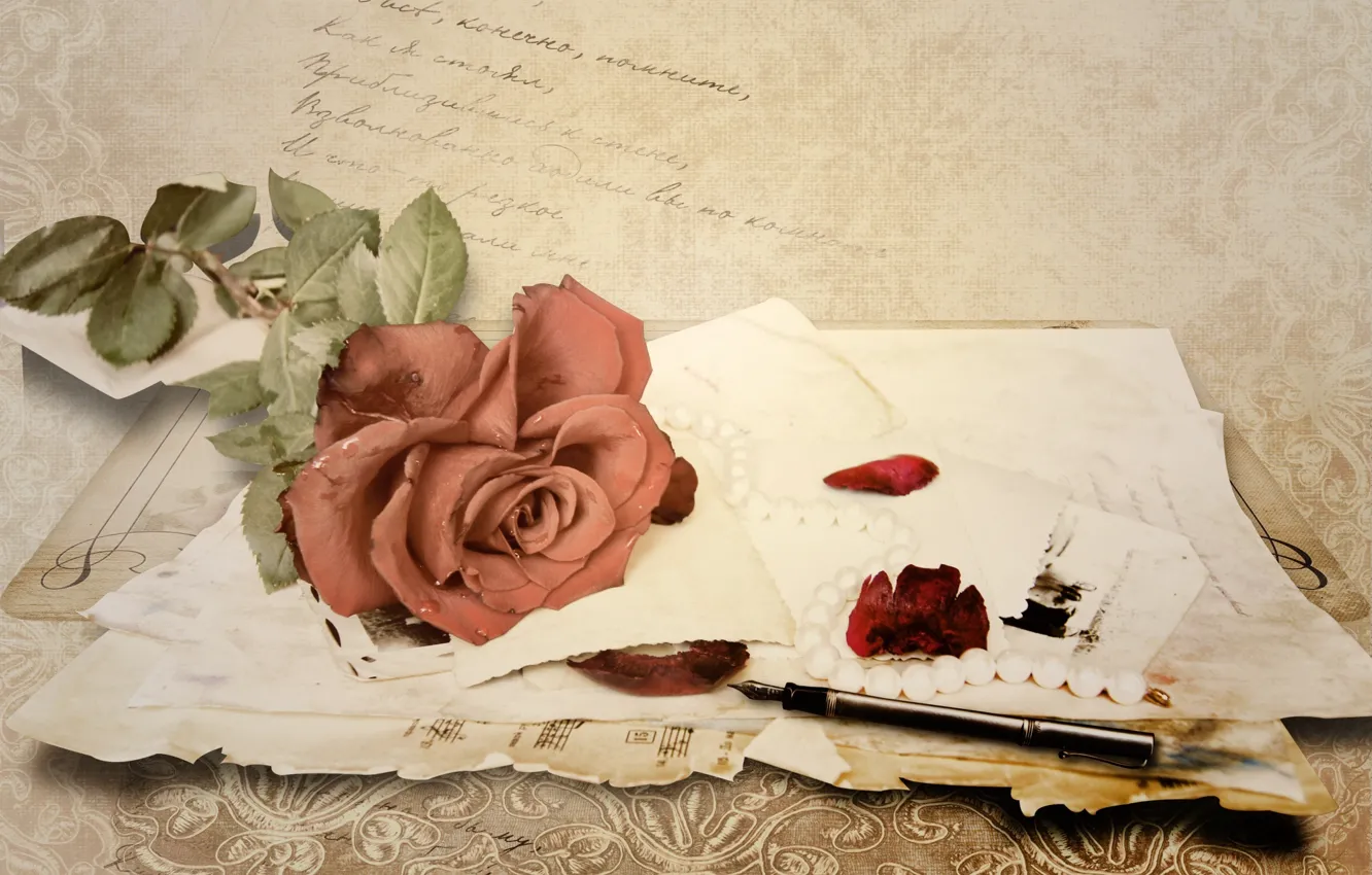 Фото обои письмо, бумага, ноты, роза, ручка, винтаж