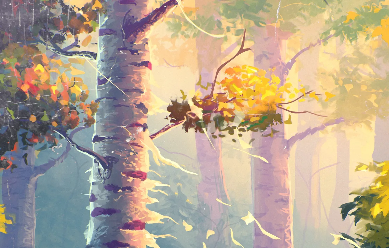 Фото обои Природа, Осень, Деревья, Живопись, Берёзы