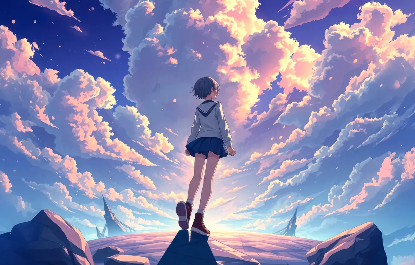 Фото обои облака, мечты, аниме, униформа, anime, short hair, clouds, dreams