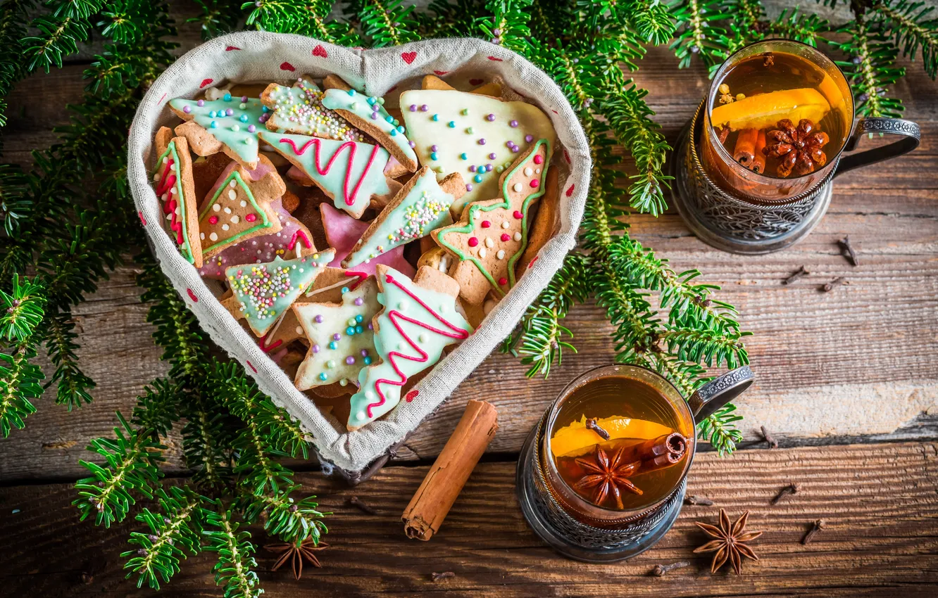 Фото обои чай, елка, печенье, Новый год, корица, Christmas, выпечка, сладкое