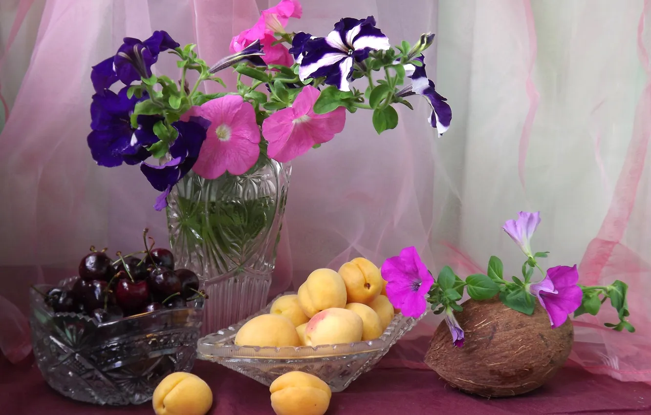Фото обои цветы, ягоды, кокос, ваза, фрукты, натюрморт, абрикос, черешня