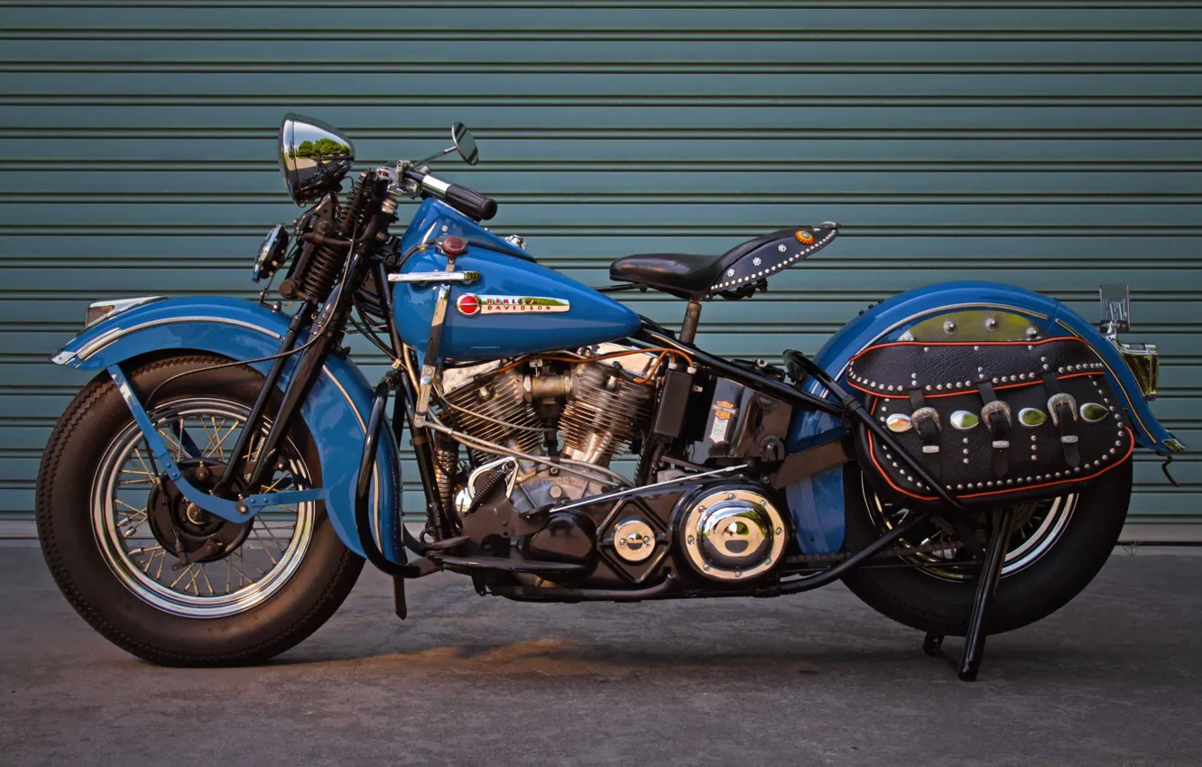 Фото обои Blue, Harley-Davidson, 1948, Motorcycle, Panhead, Old bike, Antique motorcycle