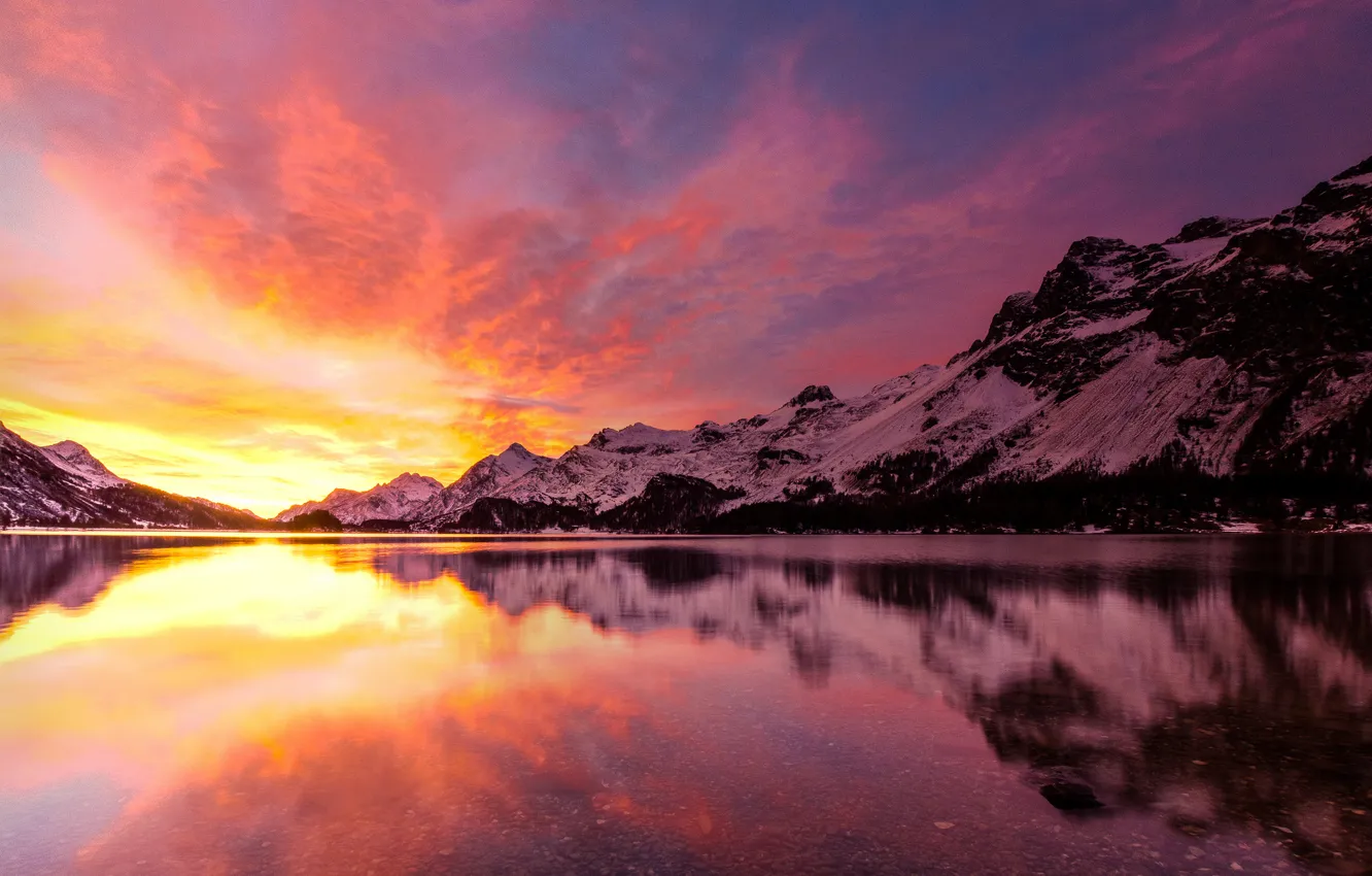 Фото обои зима, пейзаж, горы, озеро, рассвет