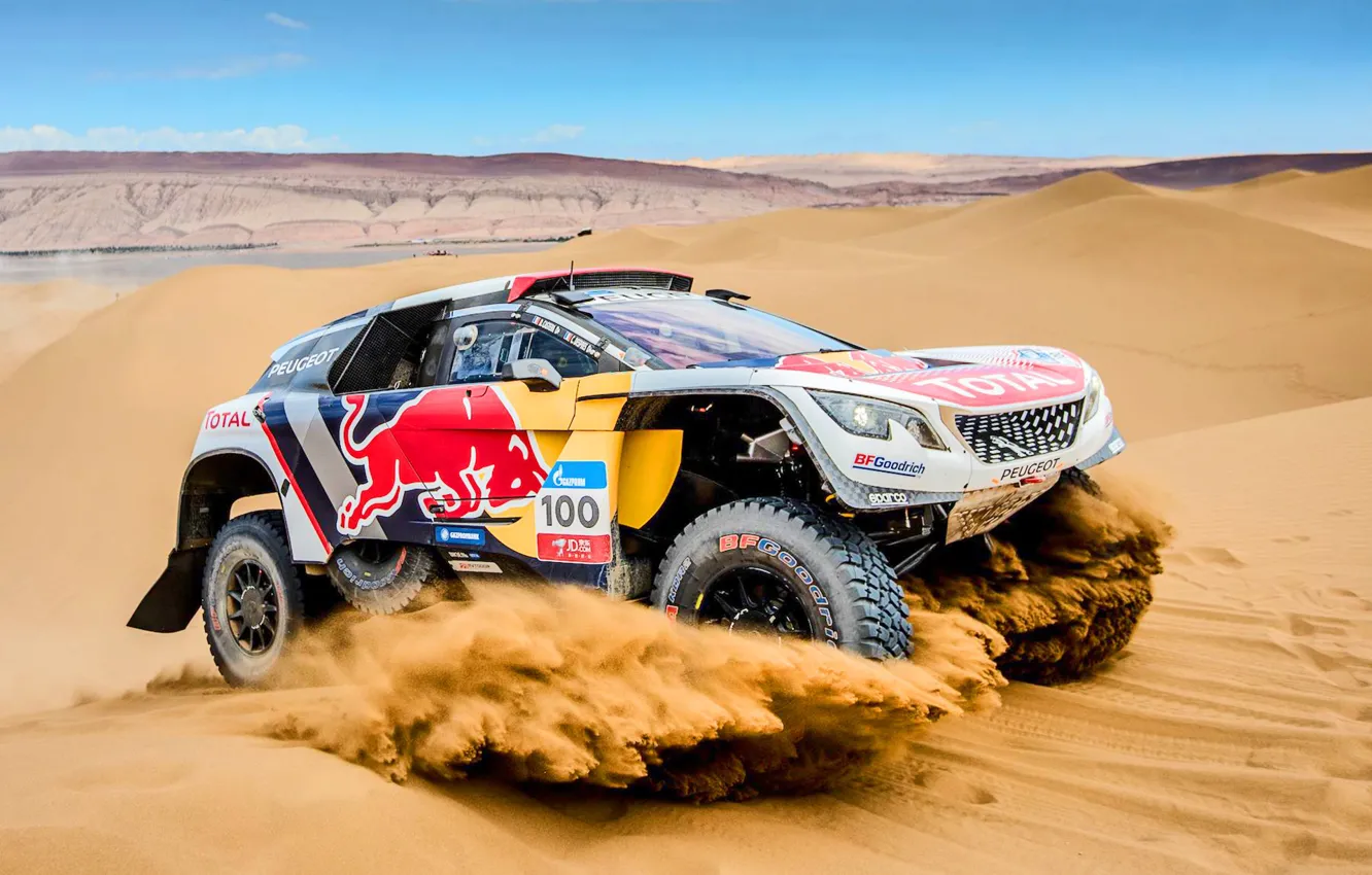 Фото обои Песок, Спорт, Скорость, Гонка, Peugeot, Фары, Red Bull, Rally