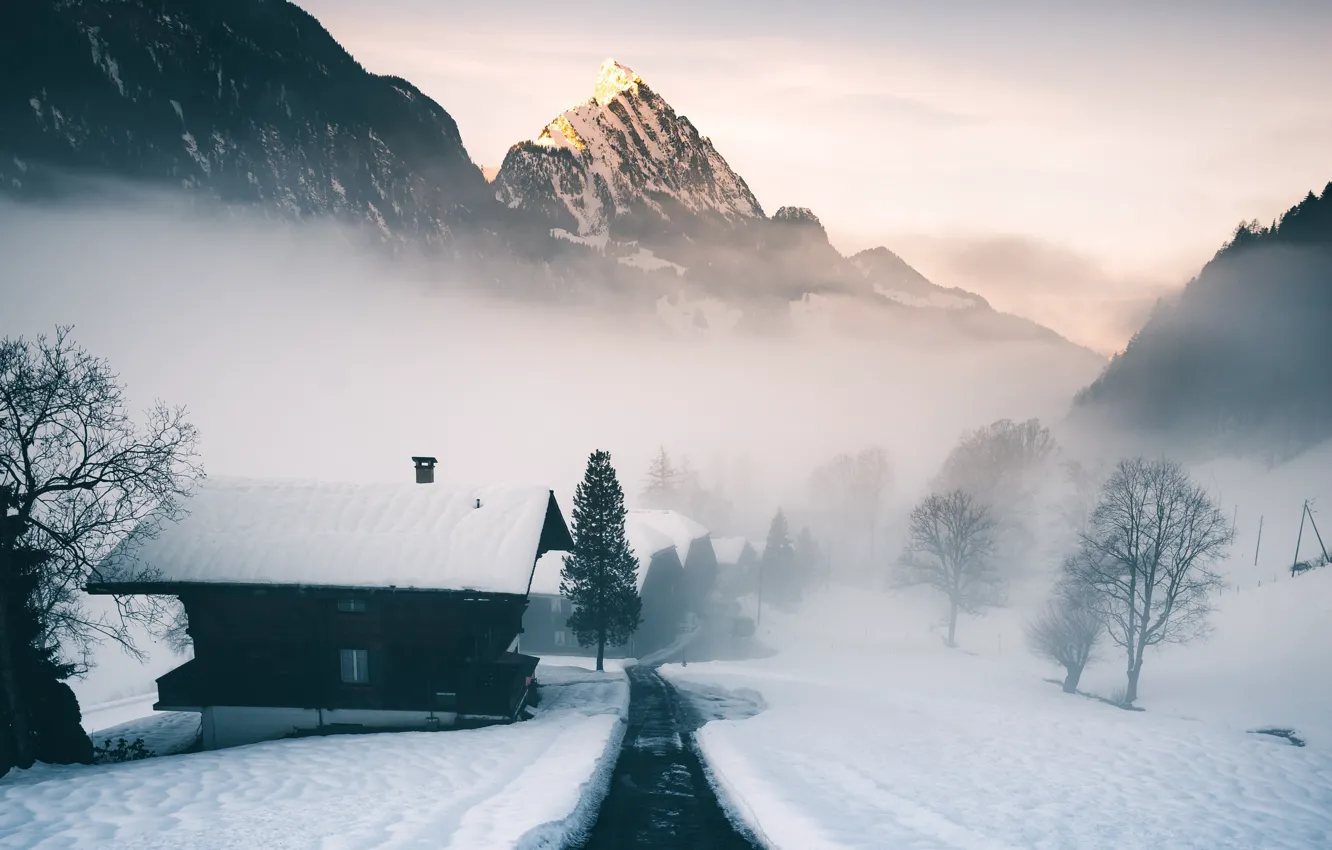 Фото обои mountain, morning, alps, switzerland, mist