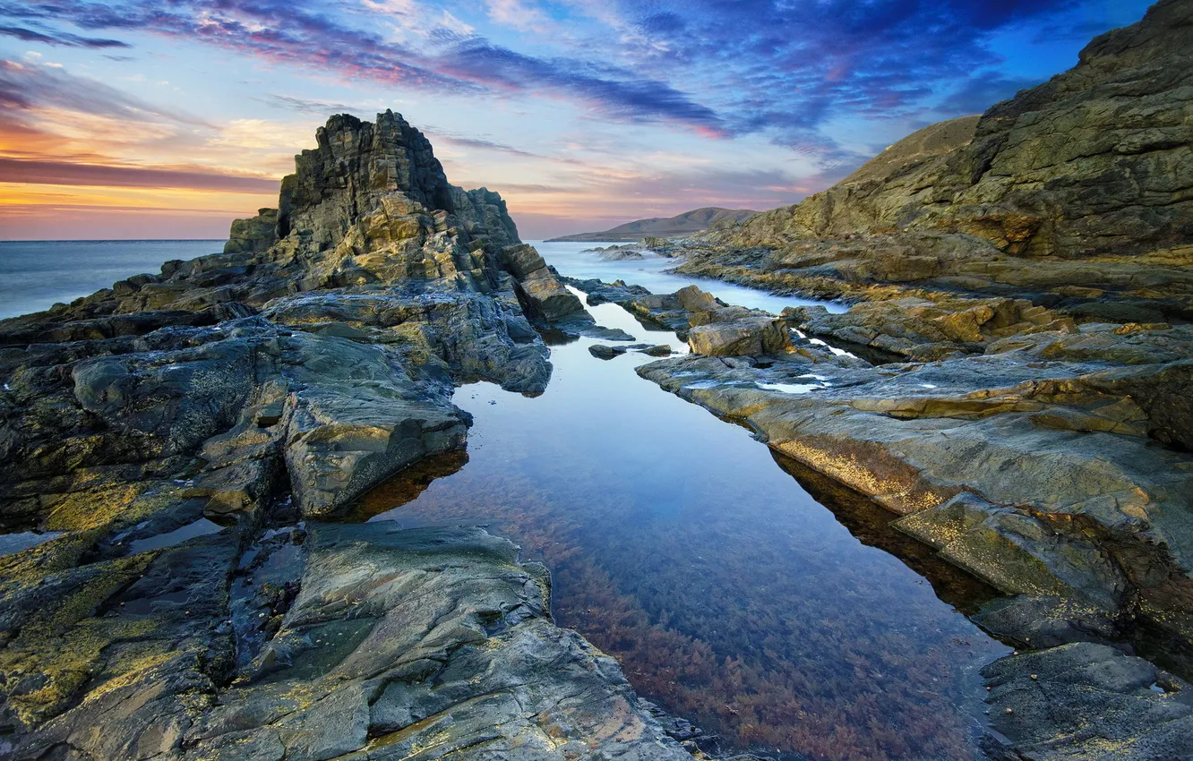 Фото обои пляж, водоросли, восход, океан, скалы, спокойствие, утро, Канарские острова