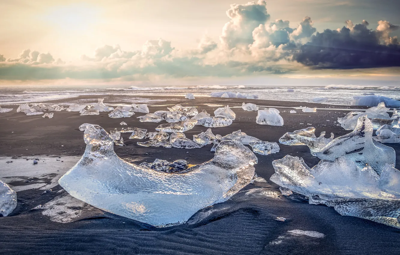 Фото обои лед, зима, песок, море, солнце, облака, свет, природа