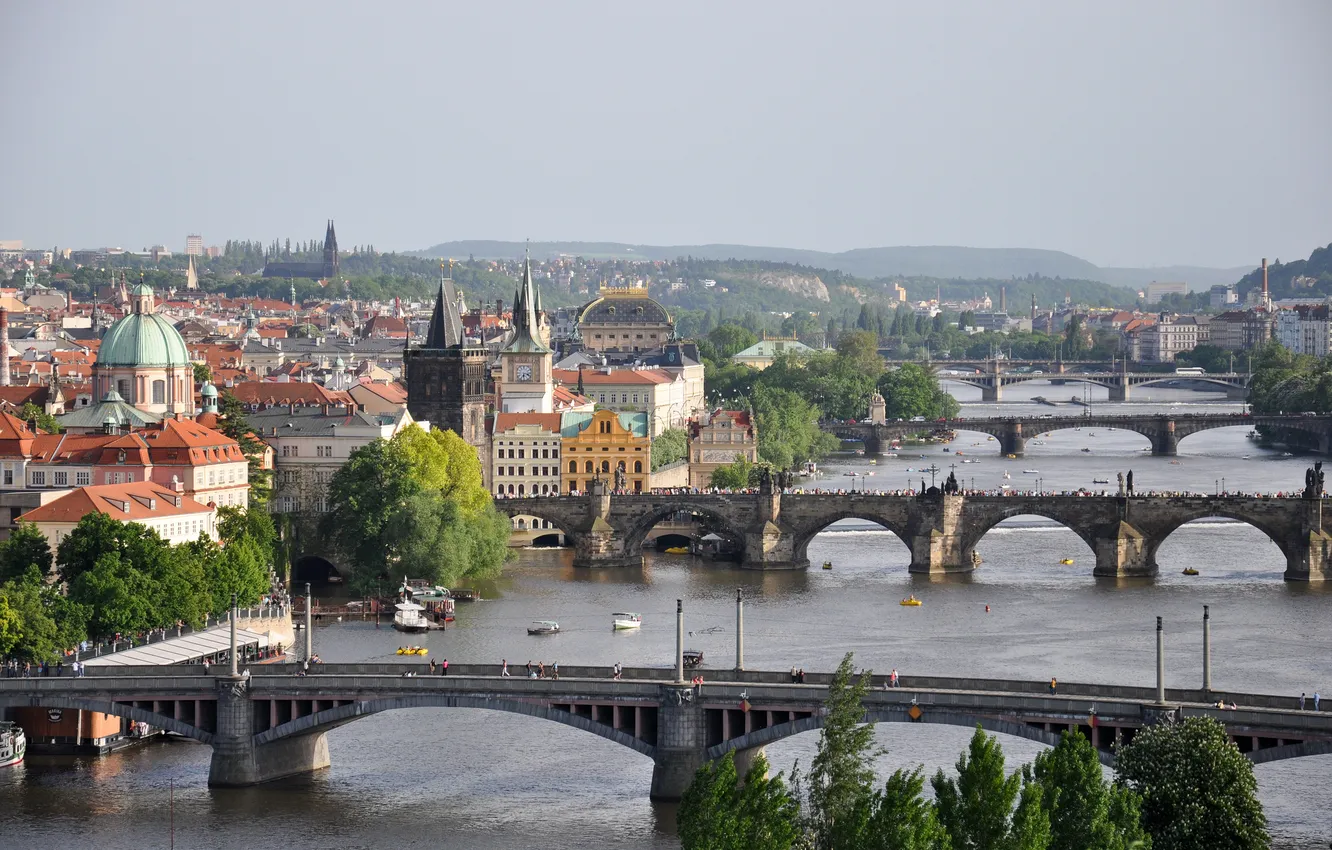 Фото обои мост, река, дома, Прага, Чехия, панорама, Влтава