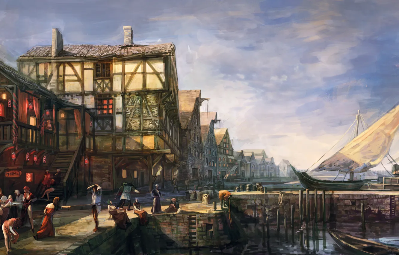 Фото обои город, люди, лодки, Ведьмак, The Witcher 3: Wild Hunt